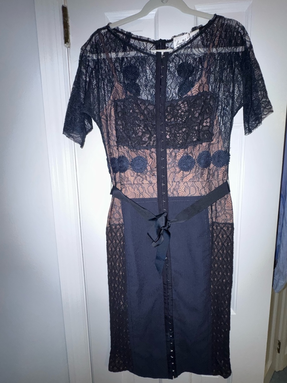 Byron Lars Navy Lace Over Nude Midi Dress